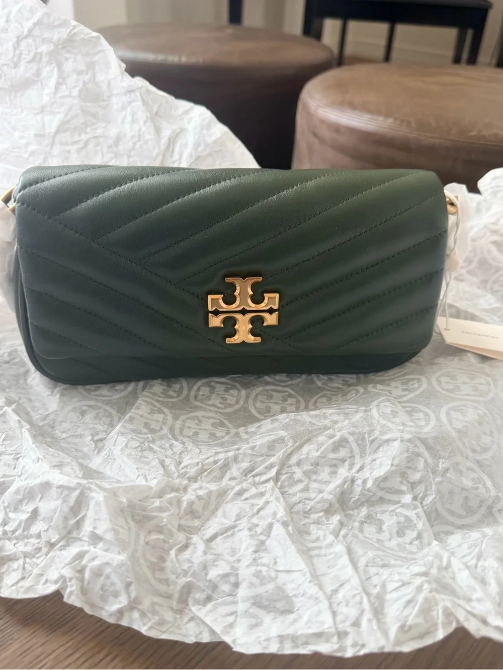 Tory Burch Forest Green Kira Chevron Flap Shoulder Bag NWT